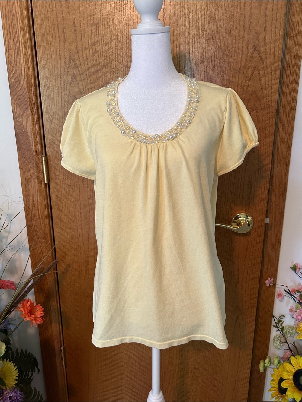 august silk Pale Yellow Beaded Scoop Neck Short Sleeve Top